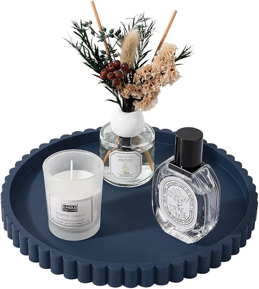 Round Bathroom Tray Silicone Kitchen Counter Decor Vanity Organizer Decorative Coffee Table Tray for Perfume, Candle, Soap Dish, 9 Inch, Dark Blue