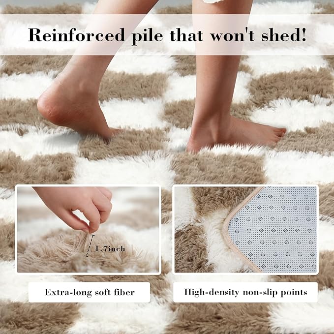 Checkered Rug for Bedroom, 2x4 Beige and White Area Rugs, Classic Checkered Carpets Shaggy Area Rug, Bedside Rugs for Living Room Bedroom Kids Room Home Decor