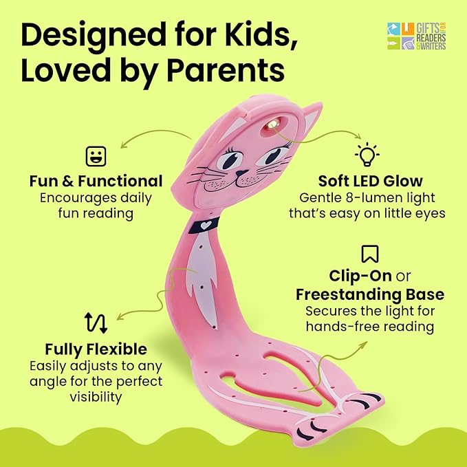 Gifts for Readers & Writers Book Light for Kids, Clip On Reading Light for Bed, 2in1 Flexilight Pals & Bookmark, Small & Lightweight with a Soft Glow, 2 Batteries Included, Cat