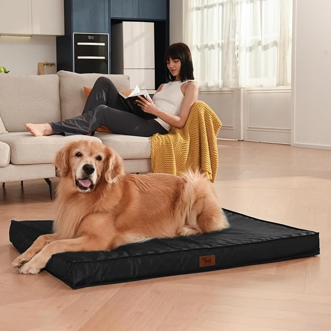 Outdoor Large Washable Dog Bed, Orthopedic Egg Crate Foam Dog Crate Mat for Large Dogs with Removable Oxford Cooling Cover, Black