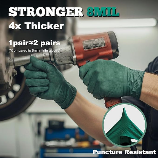 TitanFlex Heavy Duty Industrial Nitrile Gloves with Raised Diamond Texture, 8-mil, Latex Free (Green/Dark Green/Yellow)