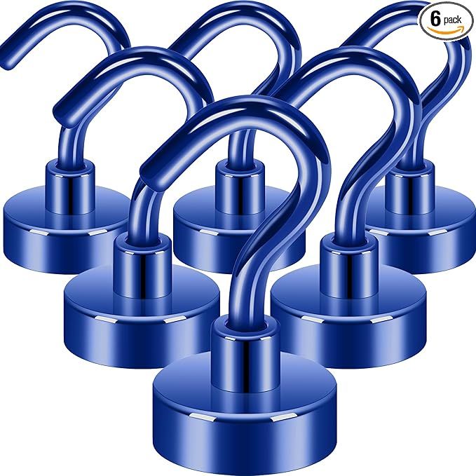 Neosmuk Magnetic Hooks, 30lb+ Heavy Duty Earth Magnets with Hook for Refrigerator, Extra Strong Cruise Hook for Hanging, Magnetic Hanger for Cabins, Grill (Navy Blue, Pack of 6)