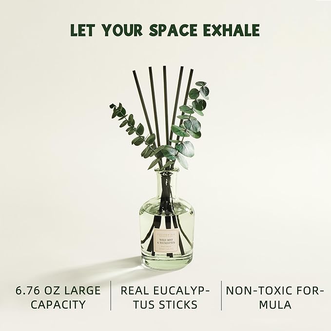 COCORRÍNA Eucalyptus & Wild Mint Reed Diffuser – 6.76 oz Essential Oil with 8 Reeds & Real Eucalyptus Sticks, Home Fragrance for Bedroom or Bathroom Décor