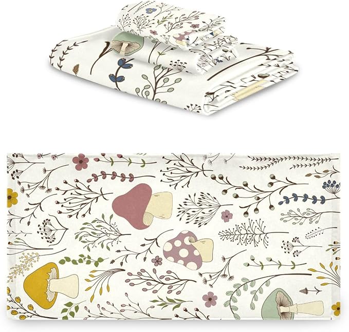 Boho Mushroom Bath Towels Set, 3 Piece Absorbent Microfiber Spring Colorful Wildflower Plant Set (1 Bath, 1 Hand, 1 Washcloth), Decorative for Bathroom, Hair, Face