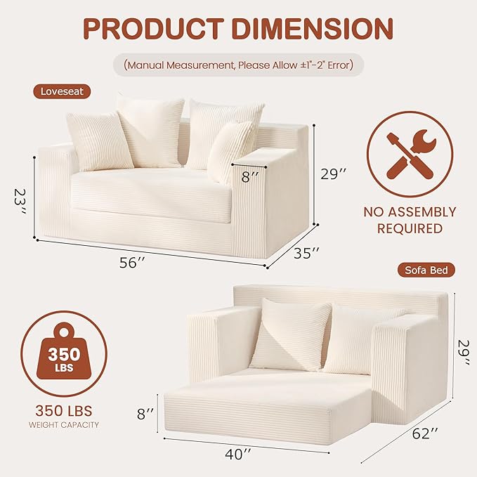 5 in 1 Convertible Sofa Bed,Small Boneless Couch Pull Out Loveseat Sleeper Sofa,Corduroy Futon Couch Folding Mattress with 4 Pillows for Living Room Bedroom Lounge (No Assembly)