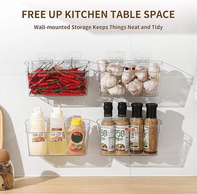 4 Pack Adhesive Cabinet Door Organizer, Compact Pantry Organizers and Storage Basket, Clear Bathroom Storage Organizer Shelf for Narrow Space, Wall Mounted Shower Caddy Hanging Sink Caddy