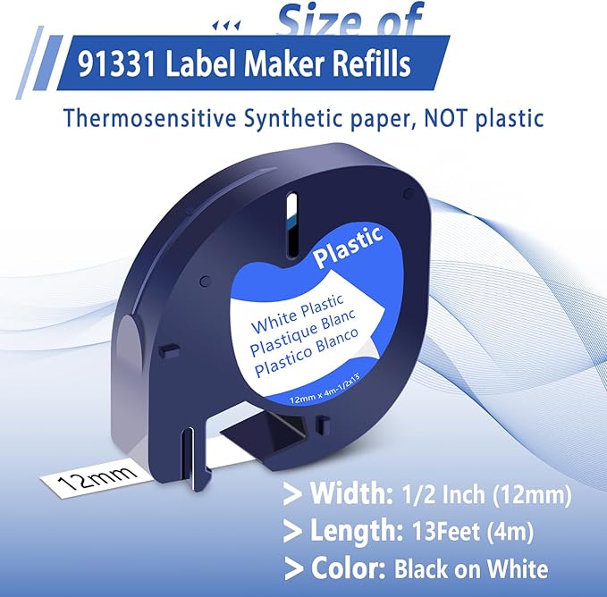 5 Pack 91331 Plastic White LetraTag Label Tape Compatible for Dymo Label Maker Refills S0721660 12mm x 4m for Dymo Letratag Refills LT100H LT100T 200B QX50