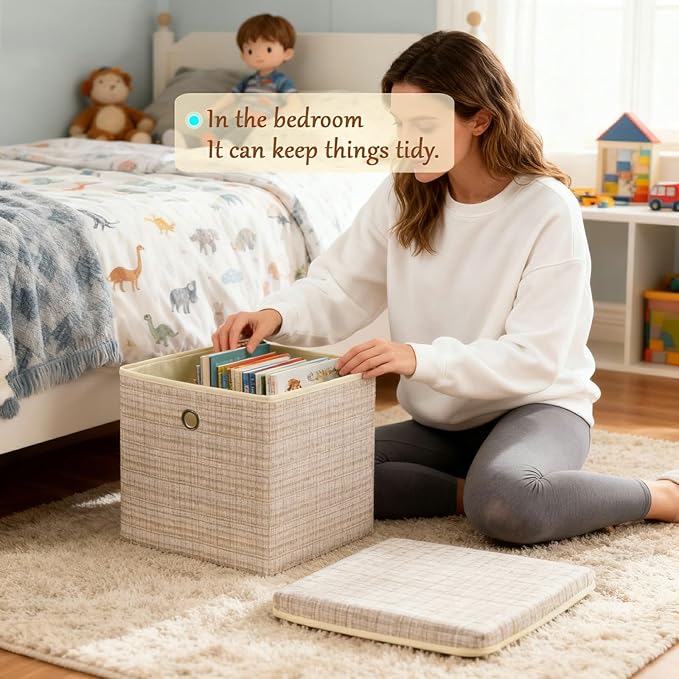 modscape 4-Pack 12"x12" Fabric Cube Storage Bin with Lid, Foldable Collapsible Fabric Storage Bins for Clothes Toys, Sturdy Storage Cube for Bedroom Closet Shelves Home Organization (Shining Beige 4)
