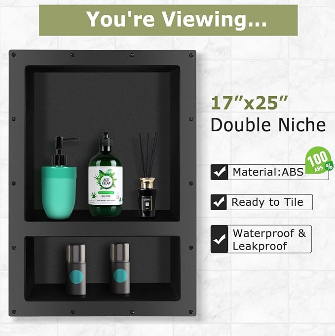 Suteck Shower Niche, 25" x 17" 3.8" Outer Size, Actual Size 14" + 16.5"(Big Grid) 14"+ 6" (Small Grid) Tile Ready Recessed Shower Shelf Bathroom Niche Box for Organization