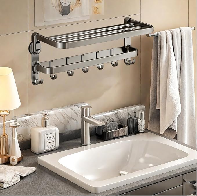 Aluminum Alloy Suction Cup Towel Rack, Bathroom Storage Shelf, No-Drill Mounting (Large)