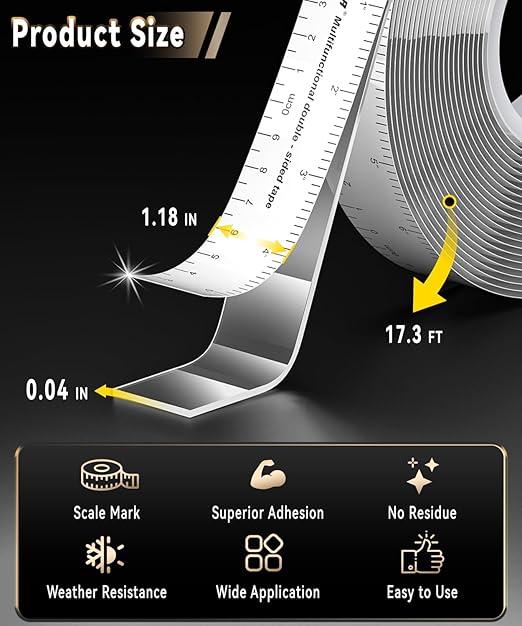 Double Sided Tape Heavy Duty with Dual Measurement Scale (CM/INCH), No Residue Clear Invisible Nano Tape mounting for Wall Hanging Posters, Rug,Decor