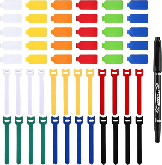 60 Pack Reusable Cable Labels & Cord Organizer Kit – Color-Coded Write-On Wire Labels with Marker + 30 Ties for Home Office Electronics Cord Management