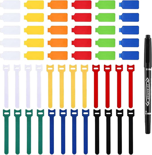 60 Pack Reusable Cable Labels & Cord Organizer Kit – Color-Coded Write-On Wire Labels with Marker + 30 Ties for Home Office Electronics Cord Management