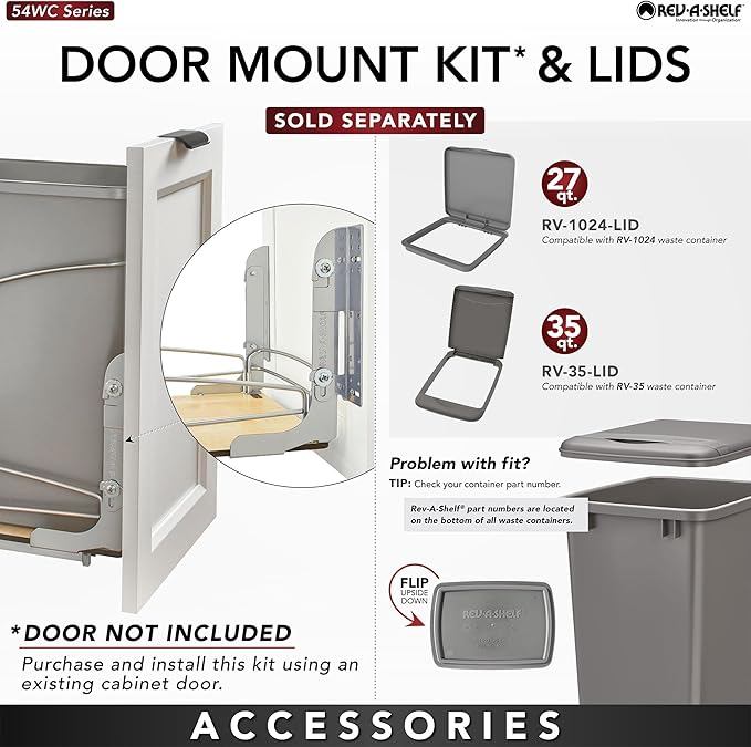 Rev-A-Shelf Steel Bottom Mount Double 35 Quart 8.75 Gallon Waste Bin Trash Container for Under Kitchen Cabinet with Soft Close, Gray, 54WC-1835SC-17-1
