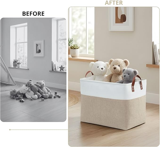 DECOMOMO Extra Large Storage Baskets, Fabric Storage Bins with Handles for Organizing Shelves, Toys, Nursery, Laundry (Beige & White, 3pcs)