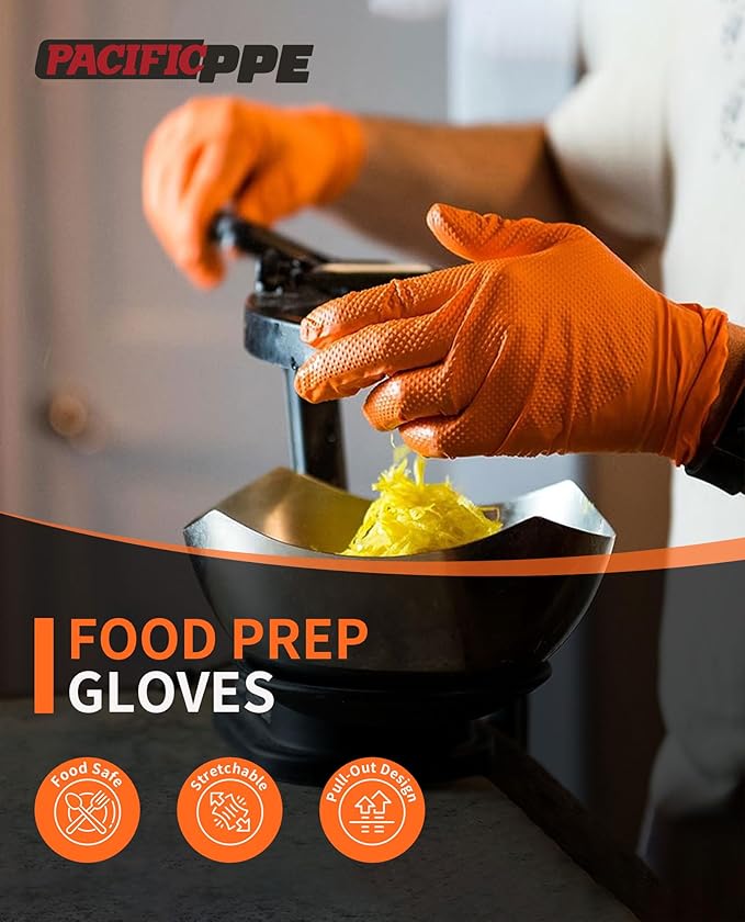 PACIFIC PPE 8 Mil Heavy-Duty Strength Nitrile Gloves, Chemical Resistant, Diamond Texture Industrial Disposable Gloves, Orange, 100PCs, X-Large