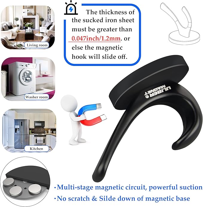 ULIBERMAGNET Strong Magnetic Coat Hooks, 2 Pack Heavy Duty Magnetic Double Hooks, Rubber Magnets Hooks for Coat Robe Towel Key Hat Clothes Jacket (Black)