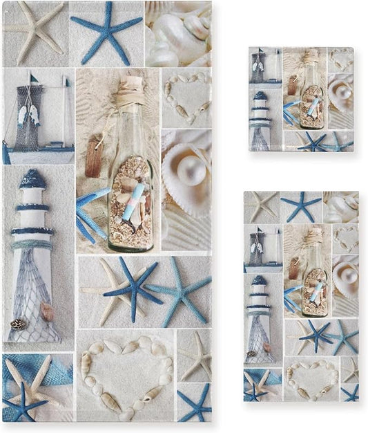 Nautical Beach Themed Bath Towels Set,Absorbent Soft 3 Piece Coastal Blue White Starfish Lighthouse Towels for Bathroom,1 Bath Towel 1 Hand Towel 1 Washcloth,Decoractive Guest Bathroom Towels