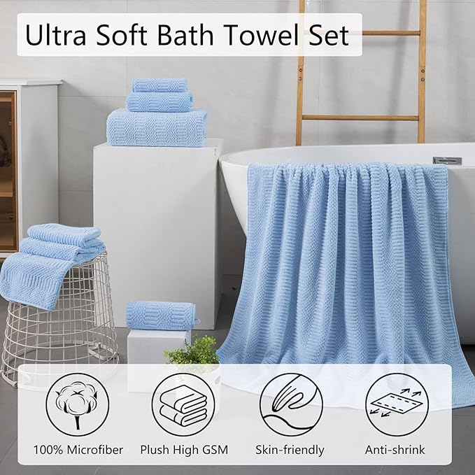 Oliven 4 Piece Blue Large Bath Sheets 35"x70" Oversized Bath Towels Jumbo Towel Set 600GSM Soft Highly Absorbent Quick Dry Beach Chair Towel Woven Towels for Bathroom Hotel and Spa