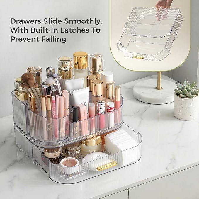 Delamu Makeup Organizer for Vanity with Stackable Drawers, 360 Rotating Makeup Brush Holder Large Cosmetic Display Case, Bathroom Skincare Storage, Crystal Clear, Ideal Christmas Gifts for Girls