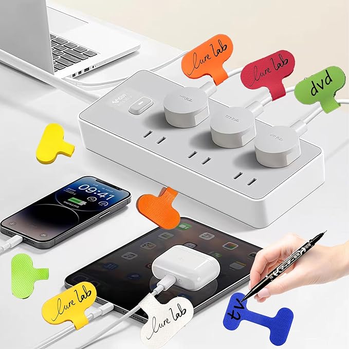 60 Pack Reusable Cable Labels & Cord Organizer Kit – Color-Coded Write-On Wire Labels with Marker + 30 Ties for Home Office Electronics Cord Management