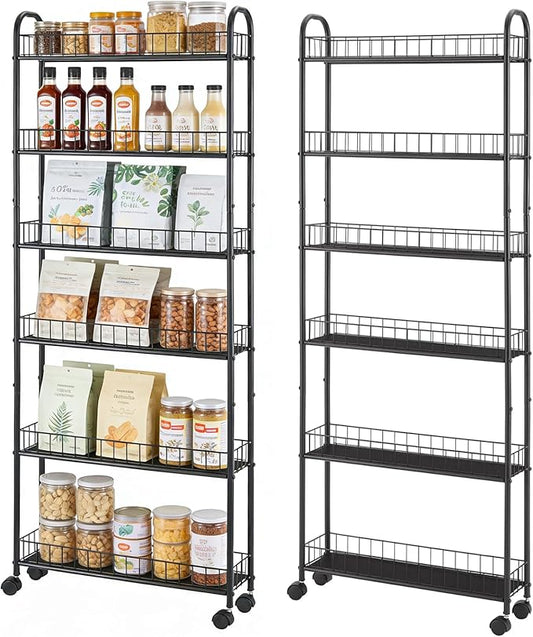 Slim Storage Cart with Wheels, 6-Tier 6in Black Narrow Rolling Shelf,Sturdy Slim Storage Ideal for Kitchen, Bathroom, and Laundry Room
