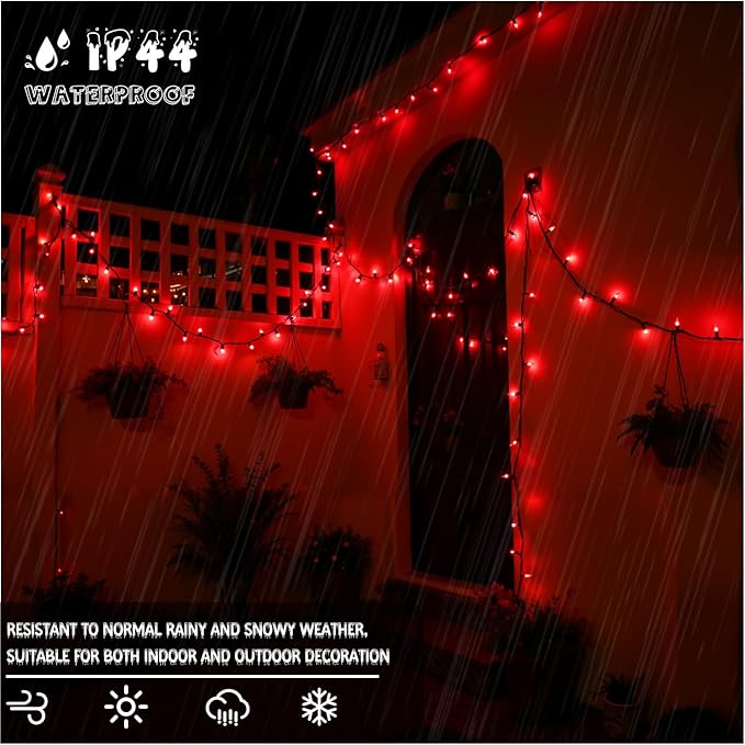2Pack Red Christmas Lights, 13FT 50-Count Incandescent Halloween Mini Light with Green Wire, UL Certified Connectable Valentine's Day Lights Waterproof for Garland Party Xmas Holiday