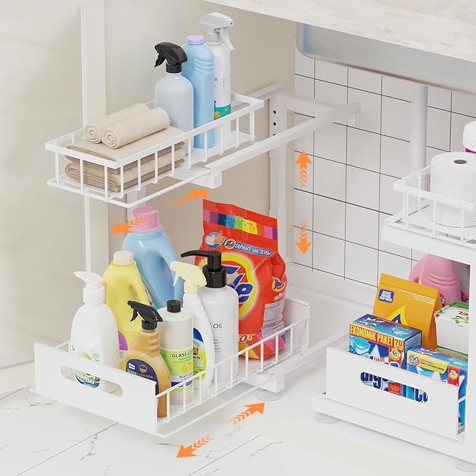 Under Sink Organizer, Heavy Duty Metal Slide Out Sink Shelf Organizer Height Adjustable, Multi-Purpose Storage Shelf for Kitchen Bathroom (White,2Pack)