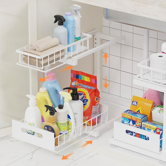 Under Sink Organizer, Heavy Duty Metal Slide Out Sink Shelf Organizer Height Adjustable, Multi-Purpose Storage Shelf for Kitchen Bathroom (White,2Pack)