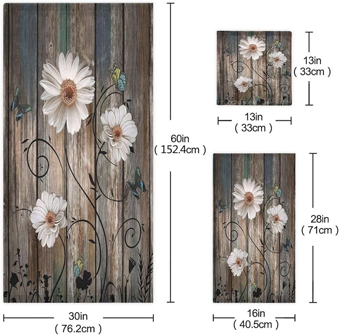 3 Piece Rustic Bath Towels Set,Microfiber Absorbent Beige Daisy Floral Butterfly Brown American Country Towels for Bathroom,1 Bath Towel,1 Hand Towel,1 Washcloth,Decorative Bathroom Towels