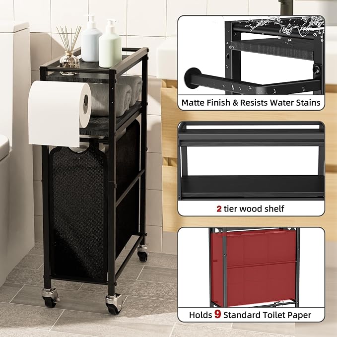 Toilet Paper Holder with Storage Bag & Wheels - Freestanding Bathroom Organizer Holds 9 Rolls for Small Spaces, Essentials Storage Beside Toilet-Black
