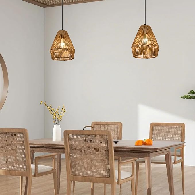 8.7'' Woven Rattan Pendant Light Fixtures, Boho Kitchen Island Pendant Lights Set of 2 with Handwoven Wicker Shade, Natural Coastal Light Fixture Hanging for Bedroom Bar Foyer Hallway