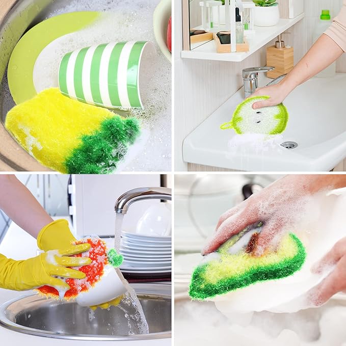 16 Pcs Dish Scrubber Non Scratch Dish Washing Scrubbers Reusable Household Cleaning Kitchen Tools for Dishwashing Washing Dishes Cookware Tubs Sinks(Fruit)