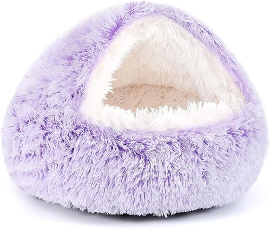 NOYAL Round Hooded Donut Dog Bed for Small & Medium Pets - Plush Fluffy Anti-Anxiety Cat Cave Bed with Cover