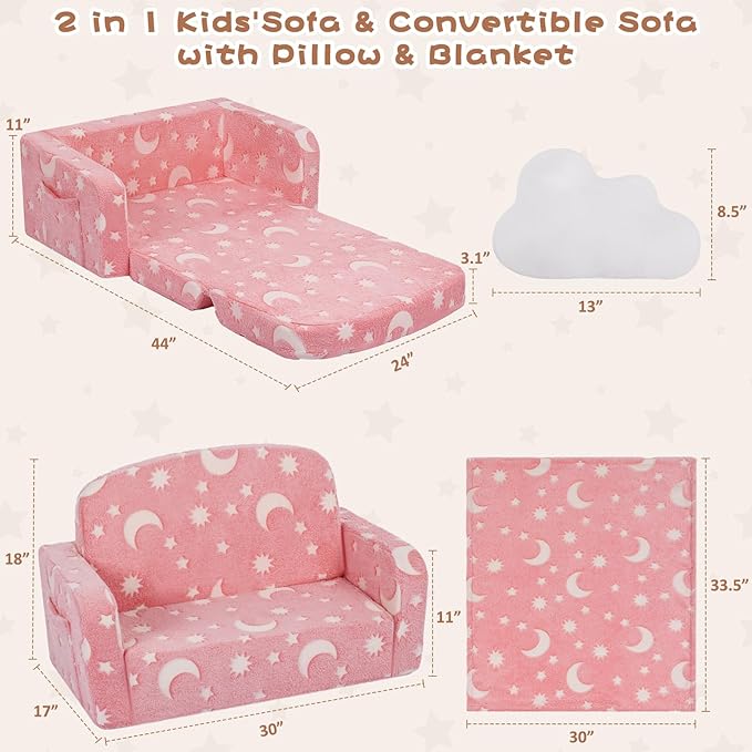 Extra Wide Kids Couch, Kids Sofa, Toddler Sofa, Glow in The Dark, 2-in-1 Soft Toddler Couch with Blanket and Pillow, Moon Style, Pink