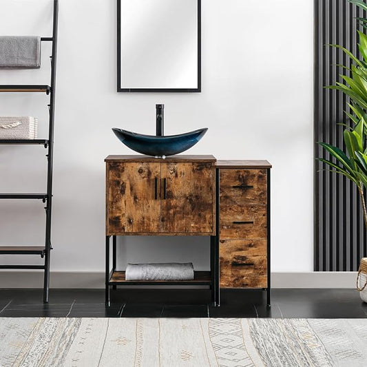 eclife 36" Bathroom Vanity Sink Combo Modern Metal Stand Cabinet W/Bottom Shelf & Storage Side Cabinet Blue Boat Vessel Sink & Water Save Faucet & Pop Up Drain, Rustic Brown (A29BU)