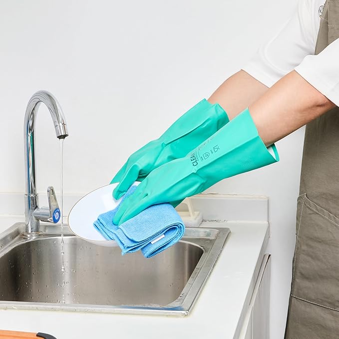 Green Cleaning Gloves 10 Pairs 15 Mil Thick Large Heavy-Duty Nitrile Gloves With Long Cuff No-Latex Flock Lining For Use In Hospitals, Laboratories, Kitchens and Households