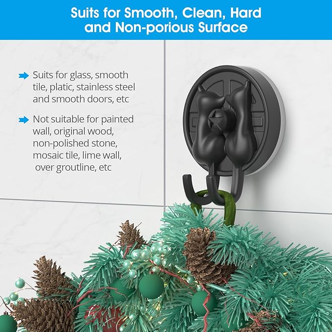 AST Cute Double-Cat Suction Cup Hook, 4 Pack, Heavy Duty Hooks, Upgraded Reliable Force of Both Adhesion and Vacuum, Wall Holders for Loofah, Towel, Coat and Bath Robe, Waterproof Hanger, Matte Black