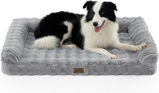 Faux Fur Orthopedic Dog Bed, Large Dog Bed, Supportive Foam Bolster Pet Sofa with Waterproof Lining Cover, Washable U-Shaped Pet Couch with Anti-Slip Bottom Design, Grey XL 42x30x7 inch
