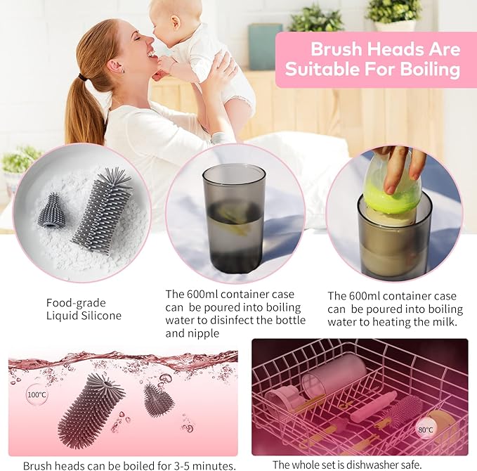 Baby Bottle Brush Set with Drying Rack, Soap Dispenser, and Case, Pink