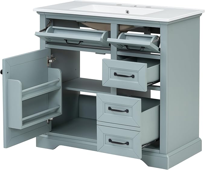 Christopher Knight Home 36" Bathroom Vanity with Ceramic Sink, Wooden Bathroom Vanity Organizer, Bathroom Storage Cabinet, Pedestal Sink Storage Cabinet, Adjustable Door Shelves+Drawer, Green Grey