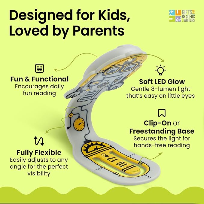 Gifts for Readers & Writers Book Light for Kids, Clip On Reading Light for Bed, 2in1 Flexilight Pals & Bookmark, Small & Lightweight with a Soft Glow, 2 Batteries Included, Robot Grey