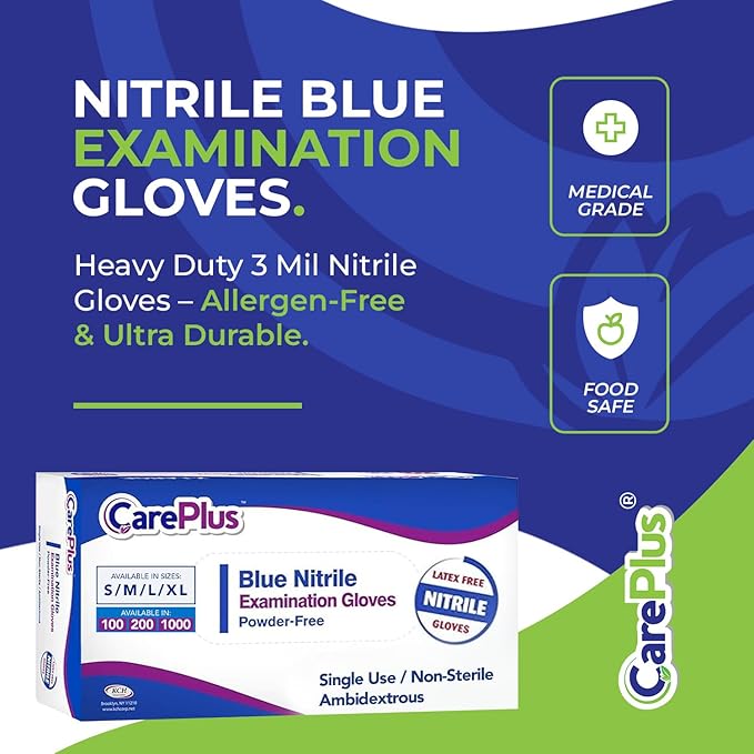 CARE PLUS Nitrile Gloves for Medical Use - Powder & Latex-Free - Black/Blue - S, M, L, XL - 100, 200, 1000