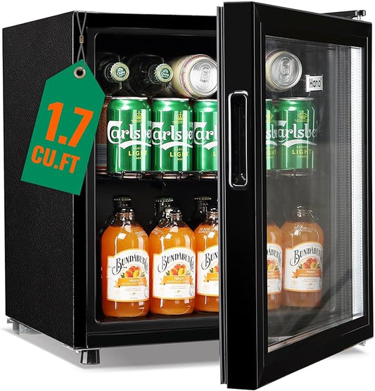 WANAI Mini Fridge Glass Door 58 Cans Beverage Cooler Refrigerator Small Beer Fridge 1.7 cu.ft Organizer for Drinks Soda Wine Small Refrigerator with Blue LED for Home Office Dorm