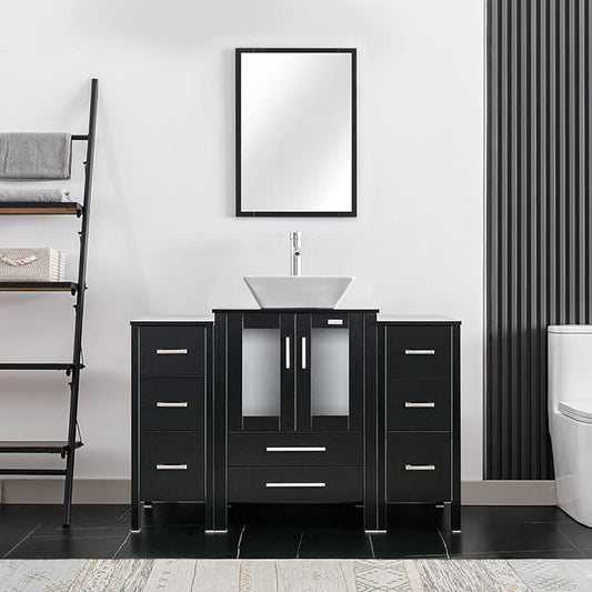 eclife 48" Modern Bathroom Vanity Sink Combo Freestanding Cabinet with Small Side Cabinet, White Square Ceramic Vessel Sink, Water Save Faucet, Drain (Black+A07)