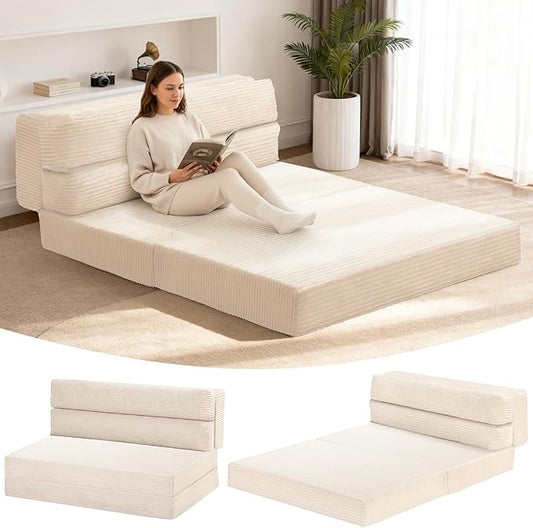 Folding Mattress Queen Size, 3 in 1 Convertible Sofa Bed Corduroy, Fold Out Couch Bed Floor Couch Lounge Sleeper Mattress for Living Room, Guest Room, High-Density Memory Foam 5'' Thickness, Beige