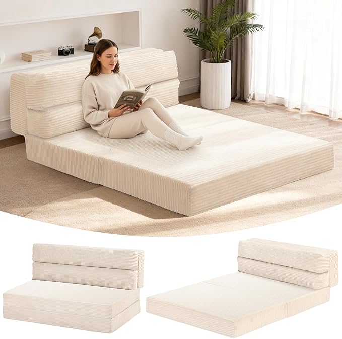 Folding Mattress Full Size, 3 in 1 Convertible Sofa Bed Fold Out Couch Bed Floor Couch Lounge Sleeper Mattress for Living Room, Guest Room, High-Density Memory Foam 5'' Thickness, Beige, Corduroy