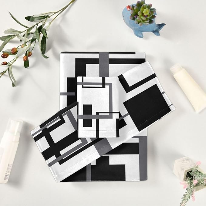 3 Piece Black White Geometric Bath Towels Set,Microfiber Absorbent Abstract Mid Century Gray Towels for Bathroom,1 Bath Towel,1 Hand Towel,1 Washcloth,Modern Decorative Bathroom Towels