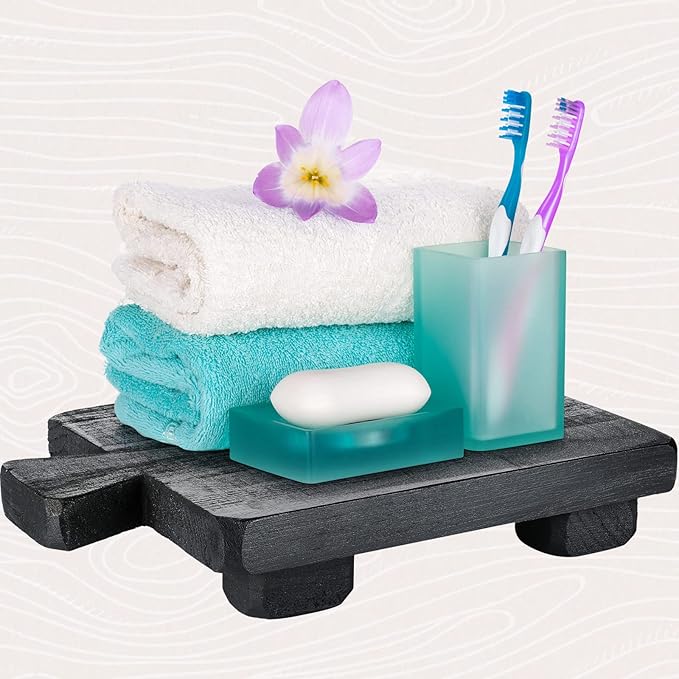 Wood Pedestal Stand Riser Wood Footed Tray for Bathroom Home Kitchen Wooden Soap Holder for Bottles Plant Makeup Tissues Candles Guest Jewelry Soap(Black, 1.57 x 6 x 9 Inch)