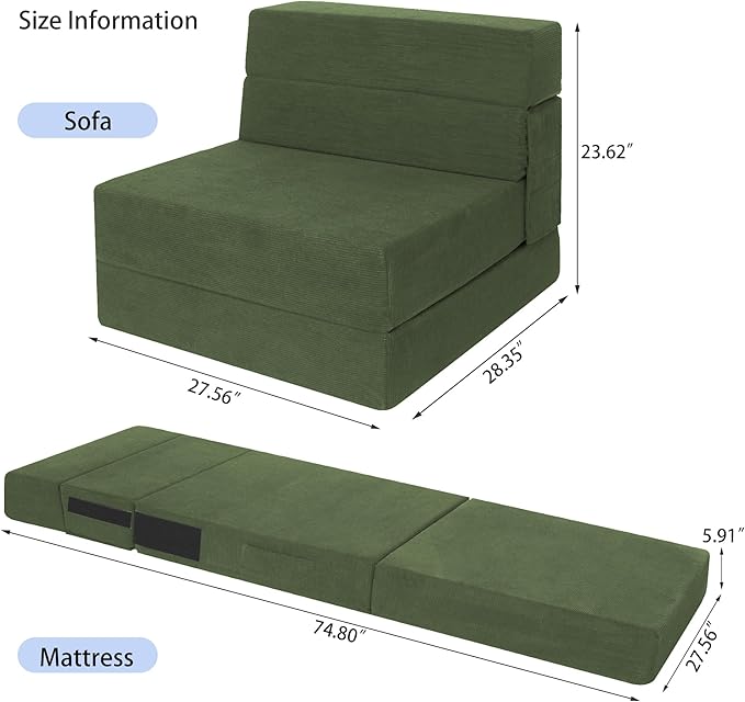 Sofa Bed Foldable Mattress ，Folding Sleeper Sofa Chair Bed Floor Mattress with Pillow for Living Room Home Office (Green-Corduroy, Single)